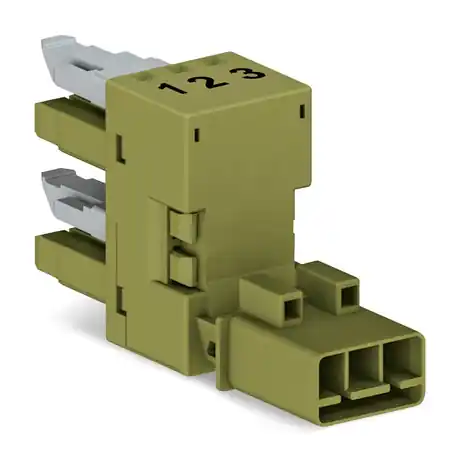 Ultima șansă h-distribution connector; 3-pole; Cod. B; 1 input; 2 outputs; outputs on one side; 3 locking levers; for flying leads; light green Wago