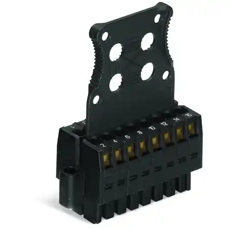 1-conductor female connector, 2-row; 100% protected against mismating; Screw flange; Strain relief plate; direct marking; 1.5 mm²; Pin spacing 3.5 mm; 14-pole; 1,50 mm²; black Wago Reducere extra