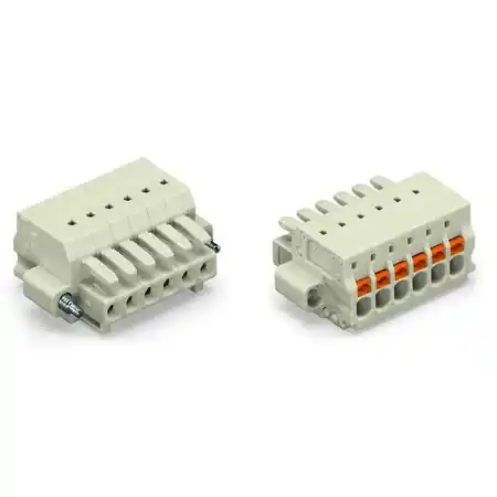 1-conductor female plug; 100% protected against mismating; push-button; Screw flange; 1.5 mm²; Pin spacing 3.5 mm; 4-pole; 1,50 mm²; light gray Wago Popular