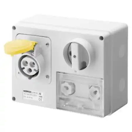 Vezi acum Priza industriala cu interblocaj - WITH BOTTOM - WITH FUSE-HOLDER BASE - 3P+E 16A 100-130V - 50/60HZ 4H CBF - IP44 Gewiss