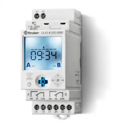 Ceas programabil (programator) - 2 contacte, 16 A, Standard, 110...230 V, Saptamanal, cu tehnologie NFC, 35.8 mm latime, C.A. (50/60Hz), Finder Lichidare de stoc
