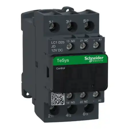 Retur ușor Contactor, TeSys Deca, 3P(3NO), AC-3/3e, <=440V, 25A, bobina 12V CC, borne cu surub Schneider