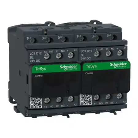 Vezi acum Contactor inversor, TeSys Deca, 3P(3NO), AC-3, <=440V, 12A, bobina LC 24V DC, cu interblocare mecanica si electrica, terminale cu surub Schneider