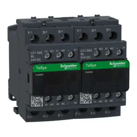 Vezi acum Contactor inversor, TeSys Deca, 3P(3NO), AC-3, <=440V, 25A, bobina CC 24V consum redus, terminale cu surub Schneider